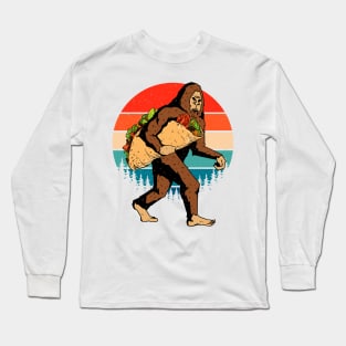 Bigfoot Carrying A Taco Retro Sunset Long Sleeve T-Shirt